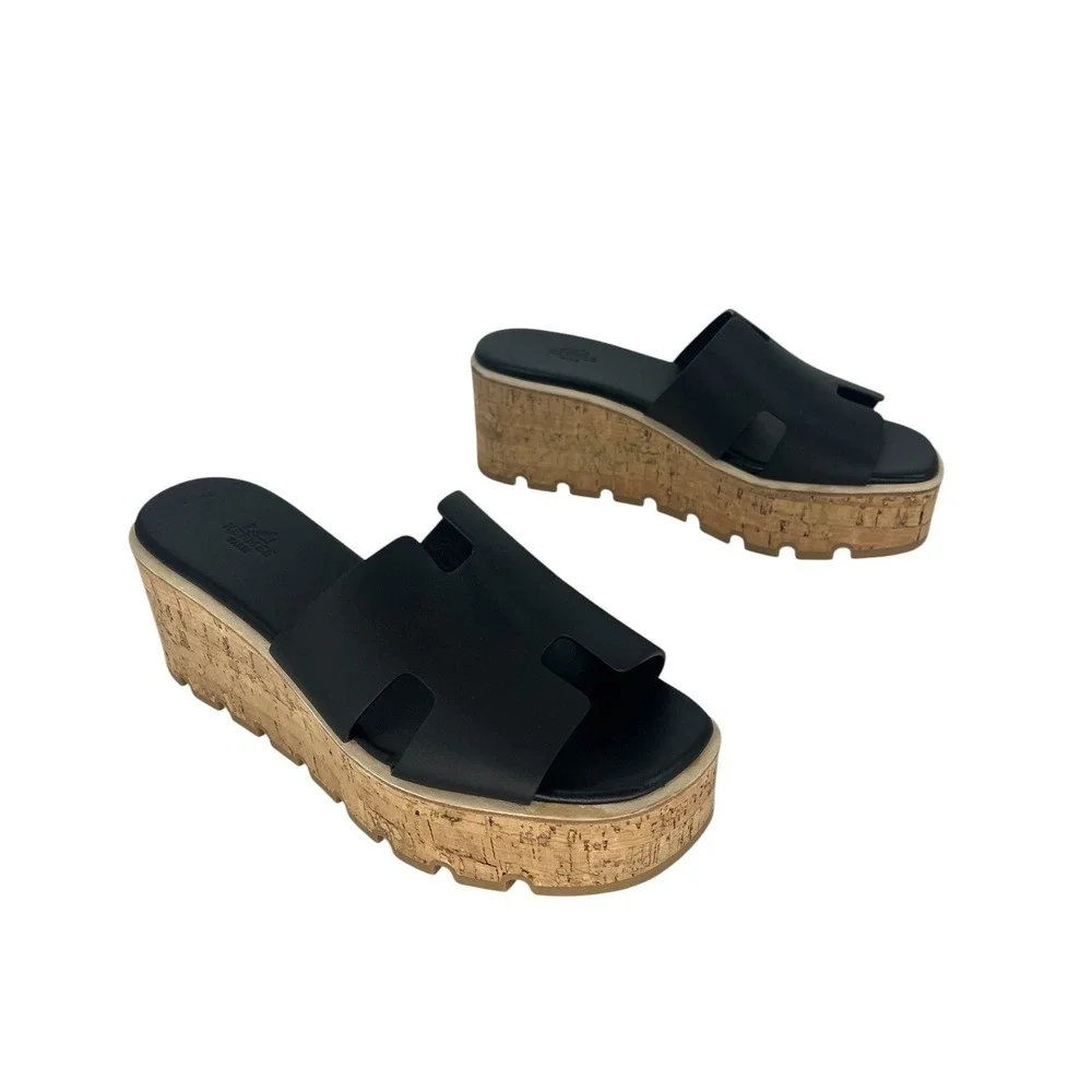 Hermès Eze 30 Cork Platform H Slide Sandals Black Leather Size 40